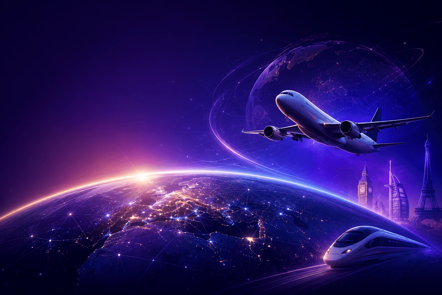Airplane and high-speed train travelling across a connected digital globe